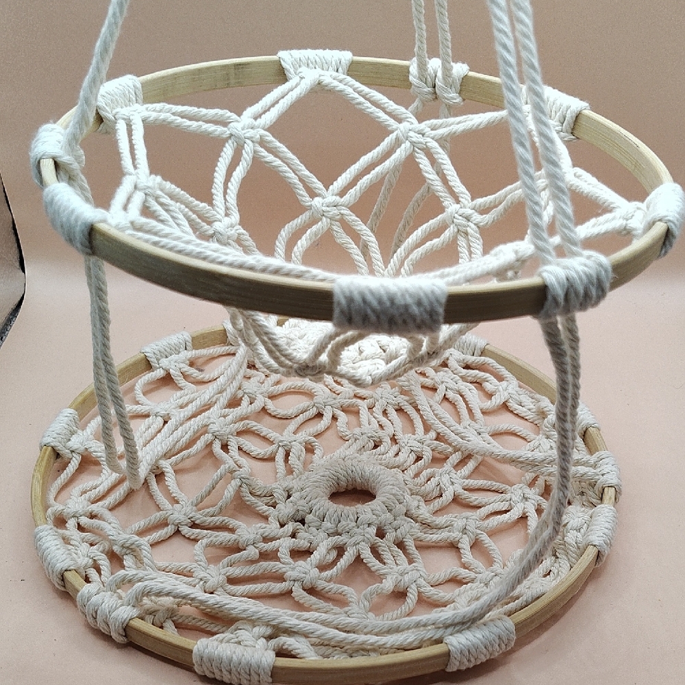Two Tier White Macrame Hanging Baskets Round. Use for Fruit, a plant, etc.